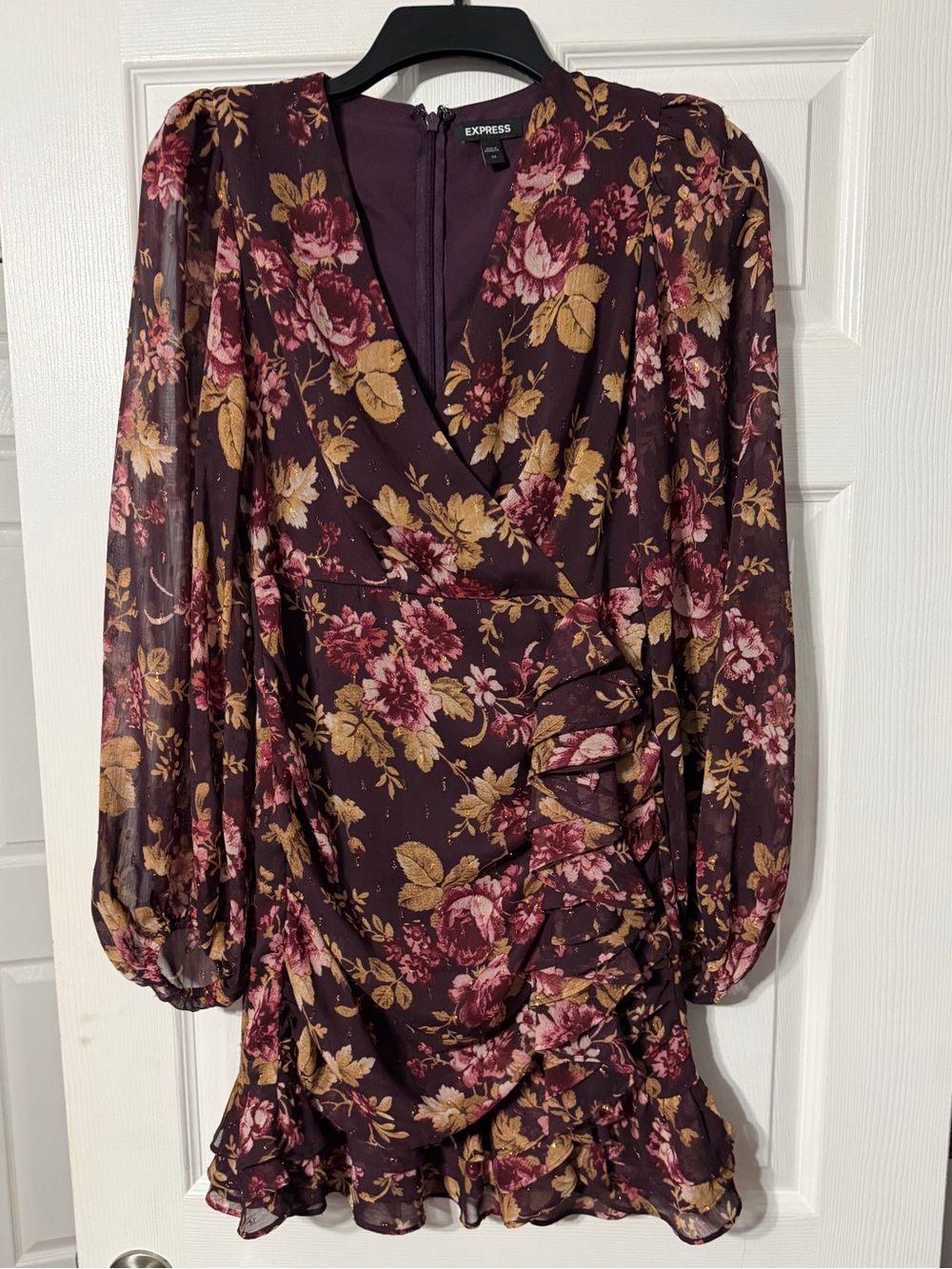 Express Burgundy Floral Wrap-Style/Gathered Mini Dress